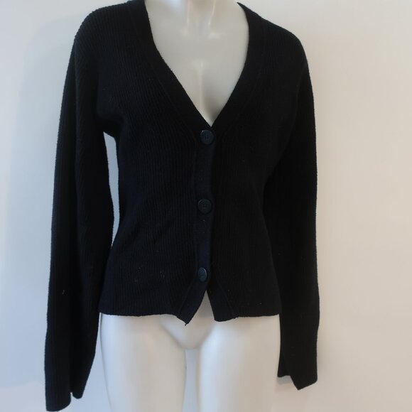 Women Helmut Lang Black V-Neck Ribbed Cotton Blend Chunky Cardigan Sweater S - Picture 4 of 13